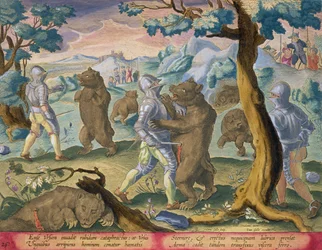 Hommes en armure lourde attaquant des ours en les poignardant dans les organes vitaux, planche 26 de 